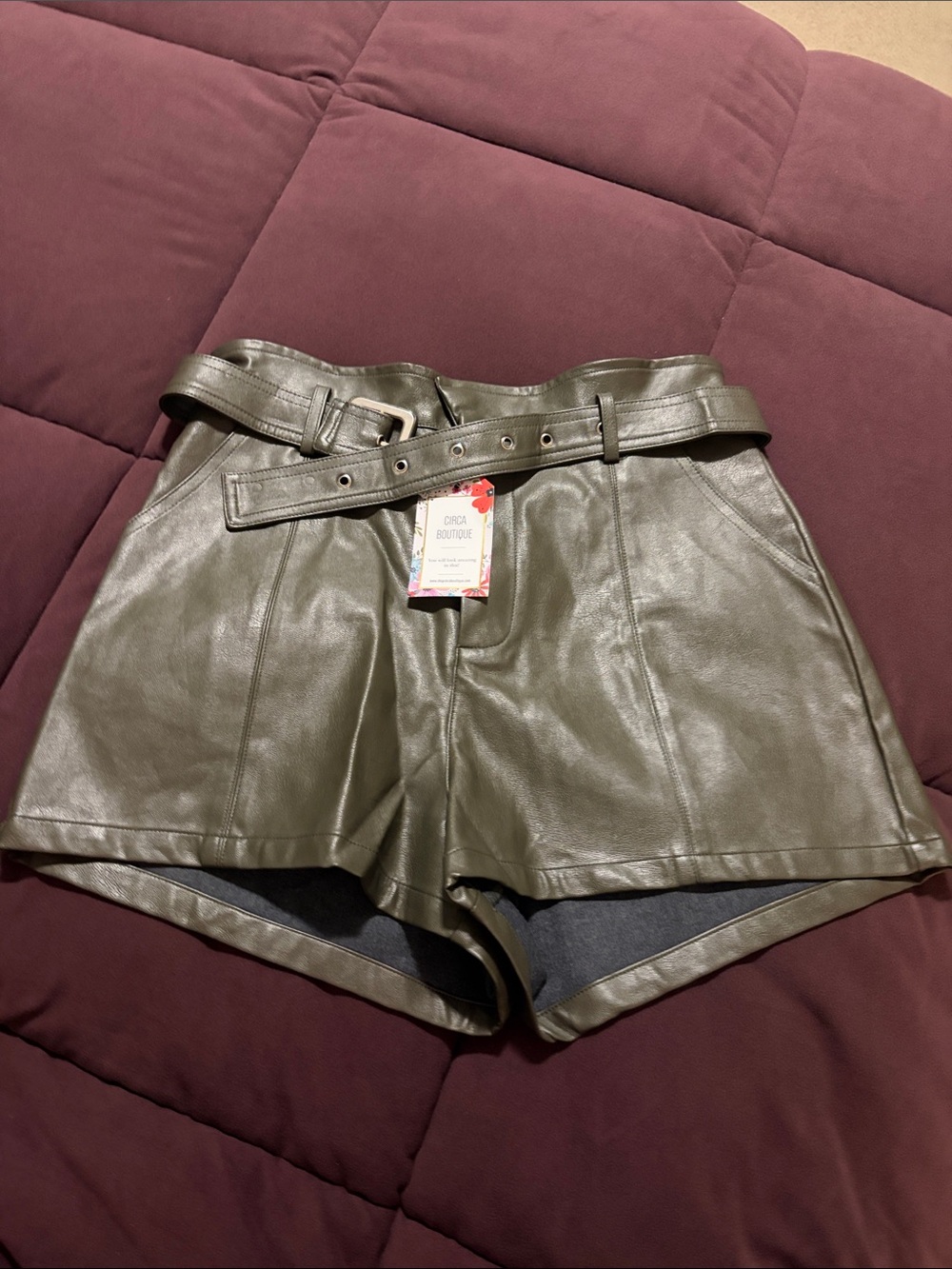 Gilli Olive Green Faux Leather High-Waist Belted Shorts